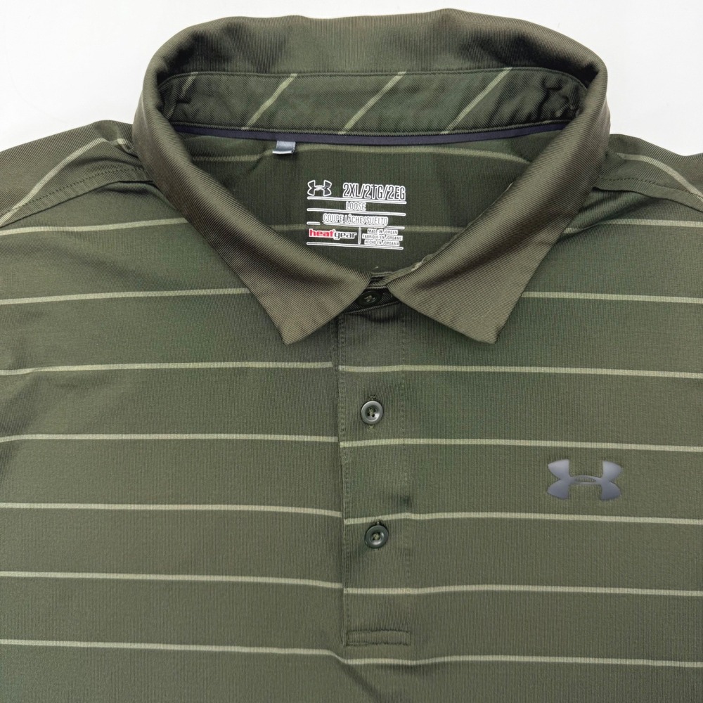 Under‎ Armour Polo Mens 2XL Green HeatGear ColdBlack Striped Short Sleeve Shirt